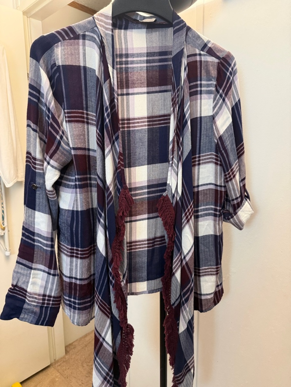 Plaid Open-Front Fringe Cardigan Jacket in Navy, Burgundy & White
